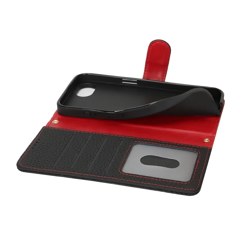 For iPhone 16e Stand Case Litchi Texture Genuine Cow Leather Wallet Phone Cover RFID Blocking - Black  /  Red