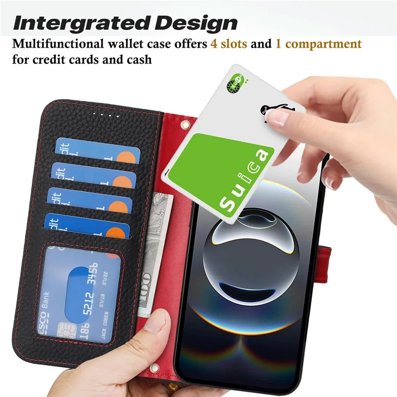 For iPhone 16e Stand Case Litchi Texture Genuine Cow Leather Wallet Phone Cover RFID Blocking - Black  /  Red