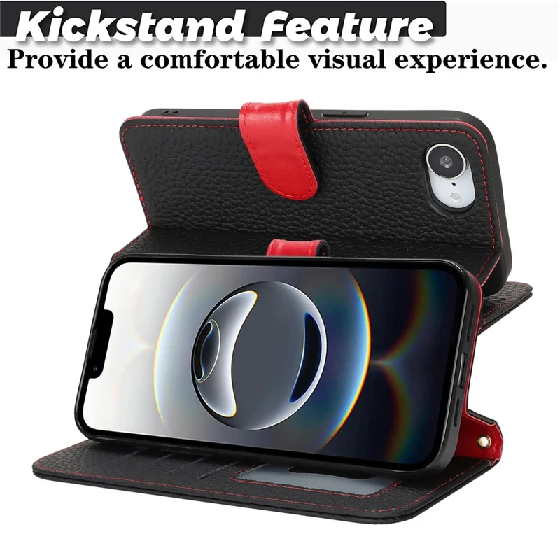 For iPhone 16e Stand Case Litchi Texture Genuine Cow Leather Wallet Phone Cover RFID Blocking - Black  /  Red