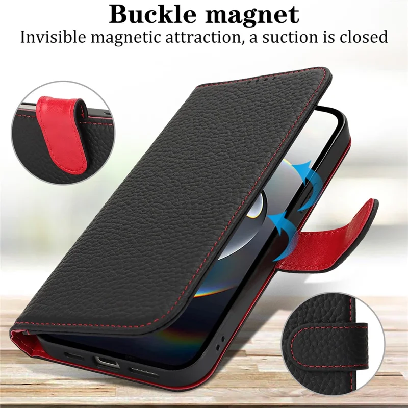 For iPhone 16e Stand Case Litchi Texture Genuine Cow Leather Wallet Phone Cover RFID Blocking - Black  /  Red