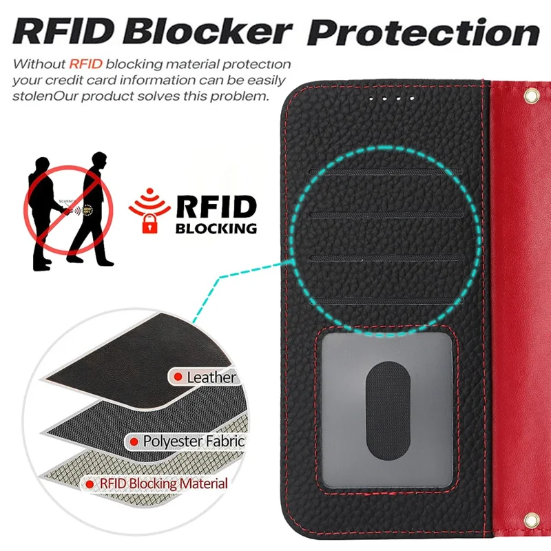 For iPhone 16e Stand Case Litchi Texture Genuine Cow Leather Wallet Phone Cover RFID Blocking - Black  /  Red
