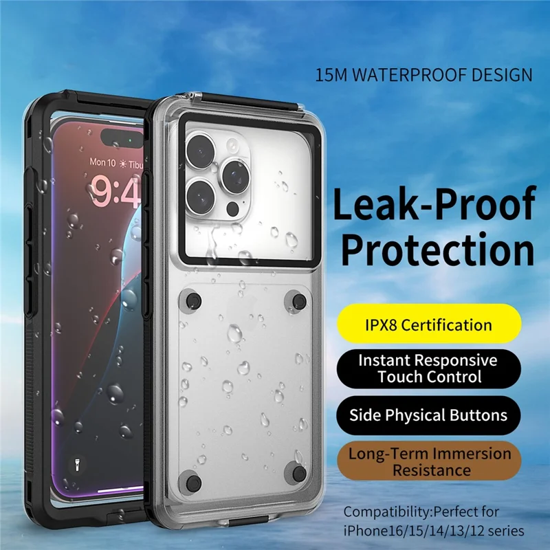Custodia Impermeabile per iPhone 17 / 16 / 16 Pro / 15 Pro Interno 6,3 pollici Protettore Cellulare IP68 Profondità 30M Accesso Pulsanti