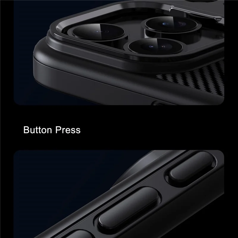 IPAKY For iPhone 17 Pro TPU Case Carbon Fiber Texture Phone Cover Metal Lens Frame - Black