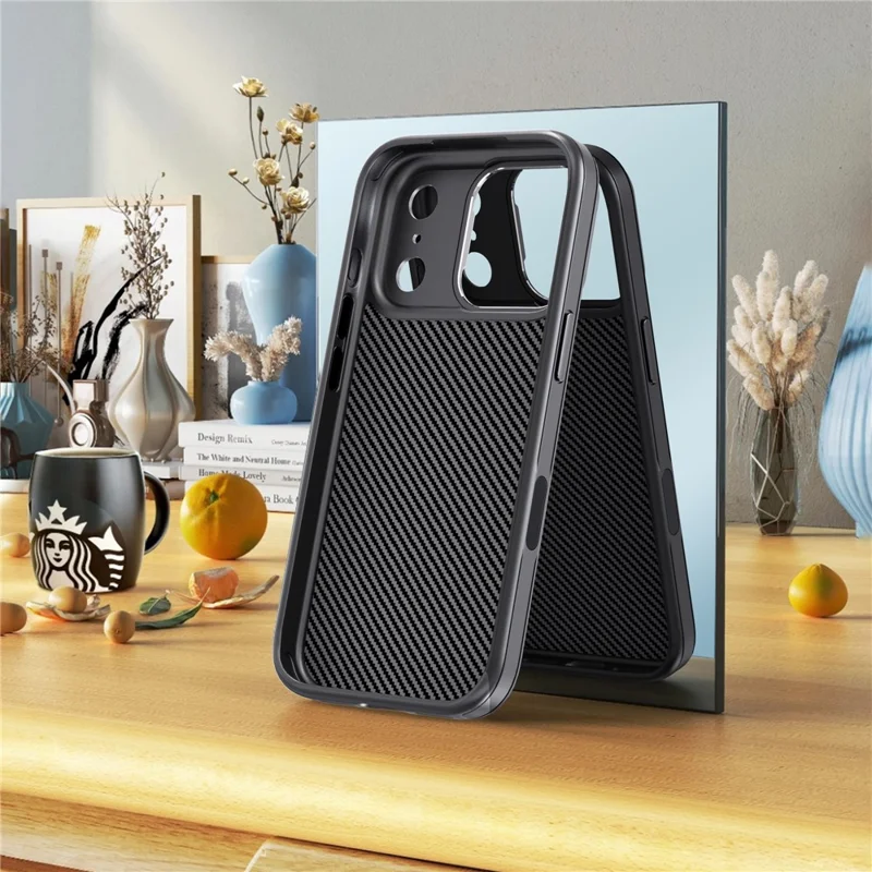 IPAKY For iPhone 17 Pro Max TPU Case Carbon Fiber Texture Phone Cover Metal Lens Frame - Black