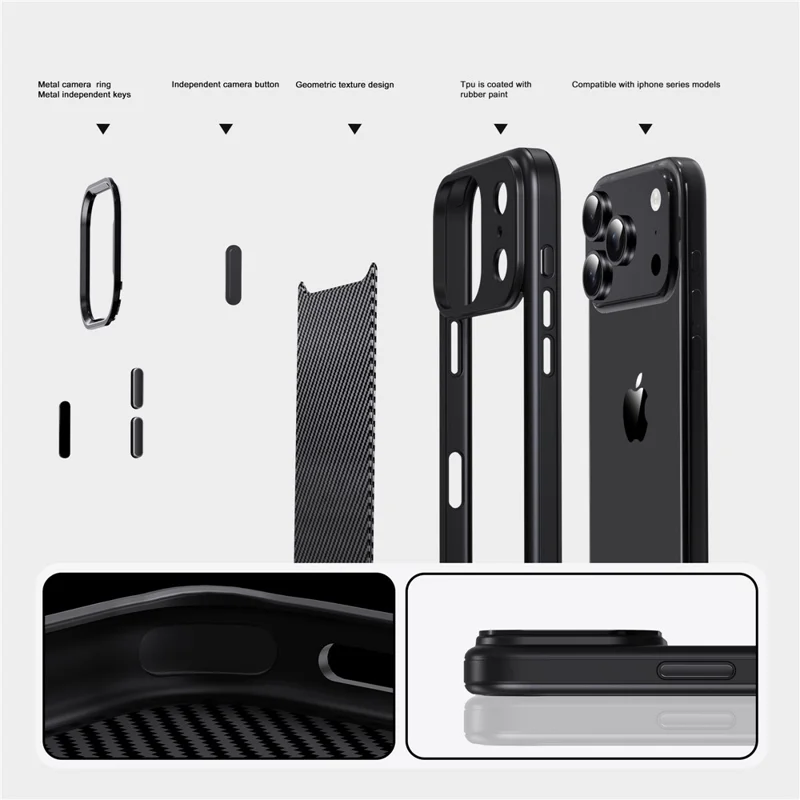 IPAKY For iPhone 17 Pro Max TPU Case Carbon Fiber Texture Phone Cover Metal Lens Frame - Black