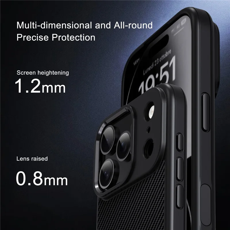 IPAKY For iPhone 17 Pro Max TPU Case Carbon Fiber Texture Phone Cover Metal Lens Frame - Black