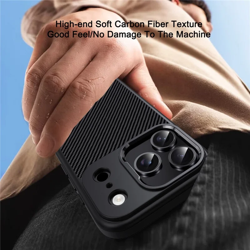IPAKY For iPhone 17 Pro Max TPU Case Carbon Fiber Texture Phone Cover Metal Lens Frame - Black