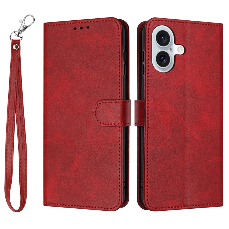 For iPhone 17 Case Flip Stand Calf Texture PU Leather Wallet Phone Cover with Strap - Red