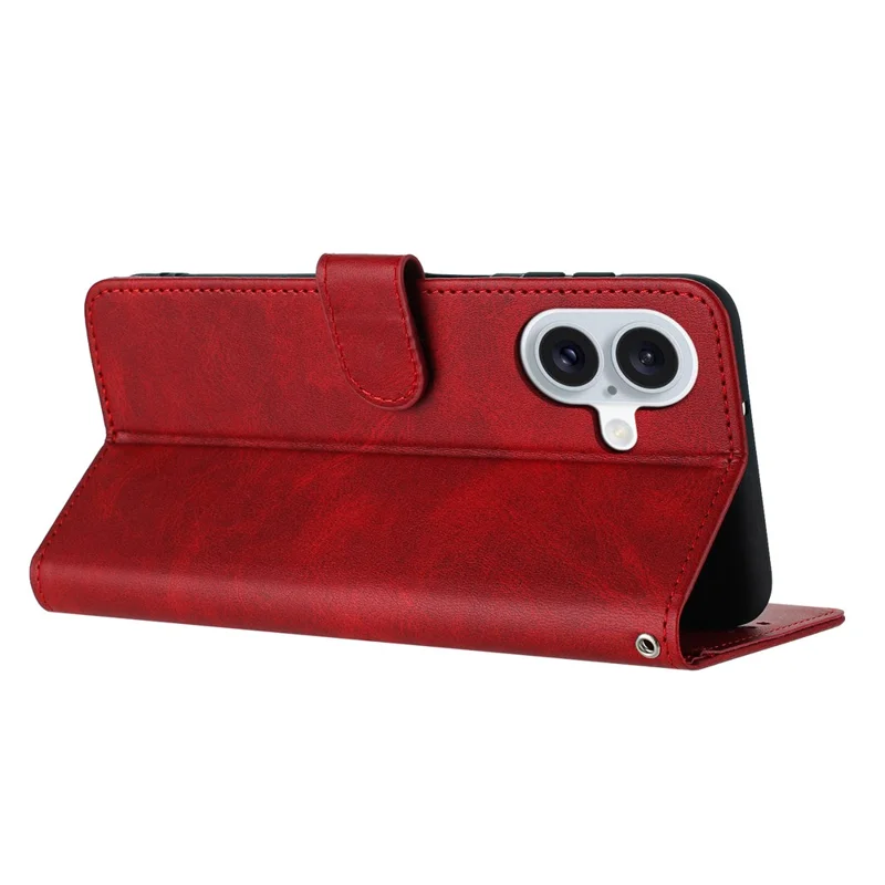 For iPhone 17 Case Flip Stand Calf Texture PU Leather Wallet Phone Cover with Strap - Red