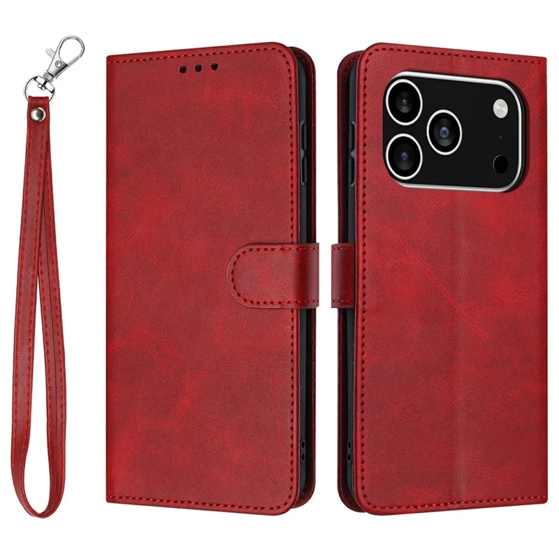 For iPhone 18 Pro / 17 Pro Case Flip Stand Calf Texture PU Leather Wallet Phone Cover with Strap - Red