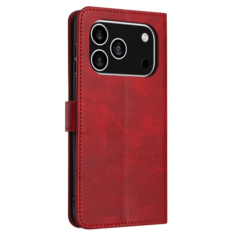 For iPhone 18 Pro / 17 Pro Case Flip Stand Calf Texture PU Leather Wallet Phone Cover with Strap - Red