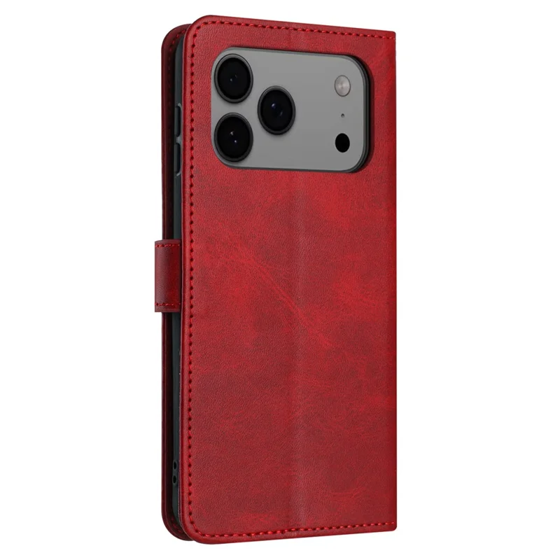 Flip-etui til iPhone 17 Pro Max med stand, af kudefænget PU-læder, pungtelefonbeslag med snor - Rød
