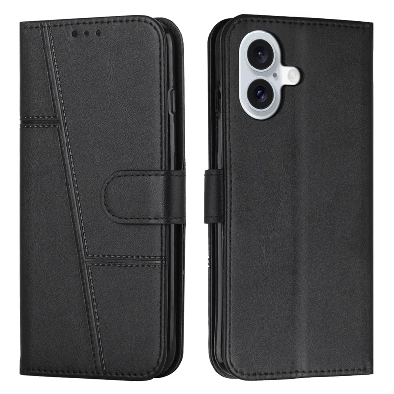 For iPhone 17 Leather Phone Case Foldable Stand Wallet Flip Cover with Strap - Black
