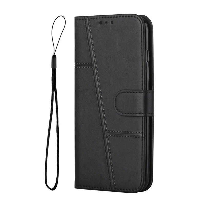 For iPhone 17 Leather Phone Case Foldable Stand Wallet Flip Cover with Strap - Black