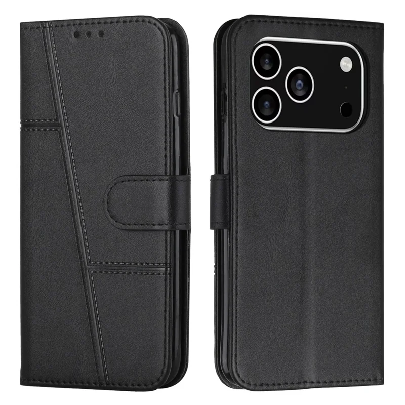 For iPhone 18 Pro / 17 Pro Leather Phone Case Foldable Stand Wallet Flip Cover with Strap - Black