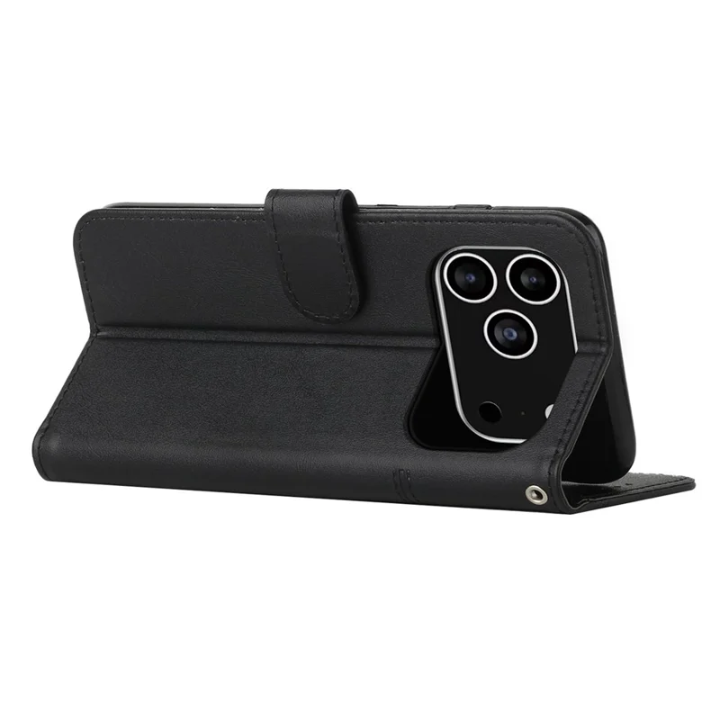 For iPhone 18 Pro / 17 Pro Leather Phone Case Foldable Stand Wallet Flip Cover with Strap - Black