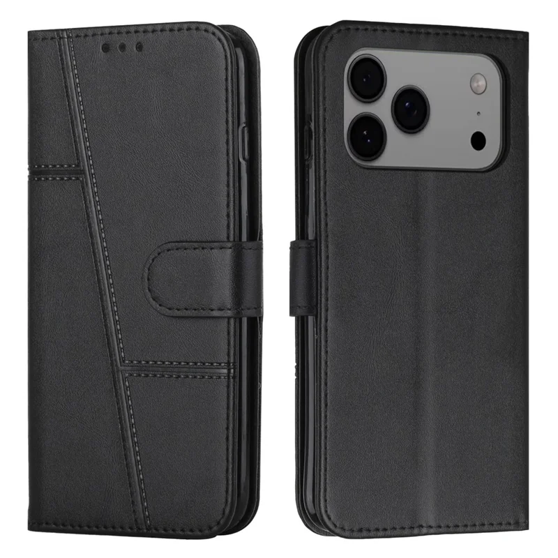 Capa de Couro para iPhone 17 Pro Max com Suporte Dobrável, Carteira e Alça - Preto