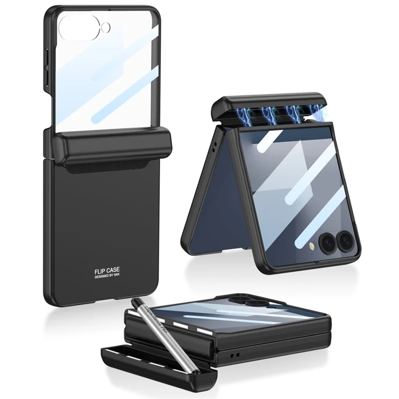 GKK Für Samsung Galaxy Z Flip7 5G Hülle Magnetisches Scharnier Handyhülle mit Displayschutzfolie und Stift - Schwarz