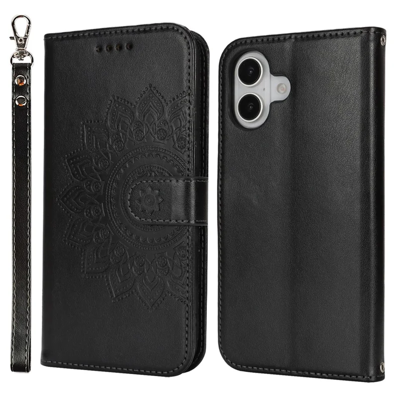 For iPhone 16 Stand Case Textured Leather Wallet Phone Cover with Strap - Black