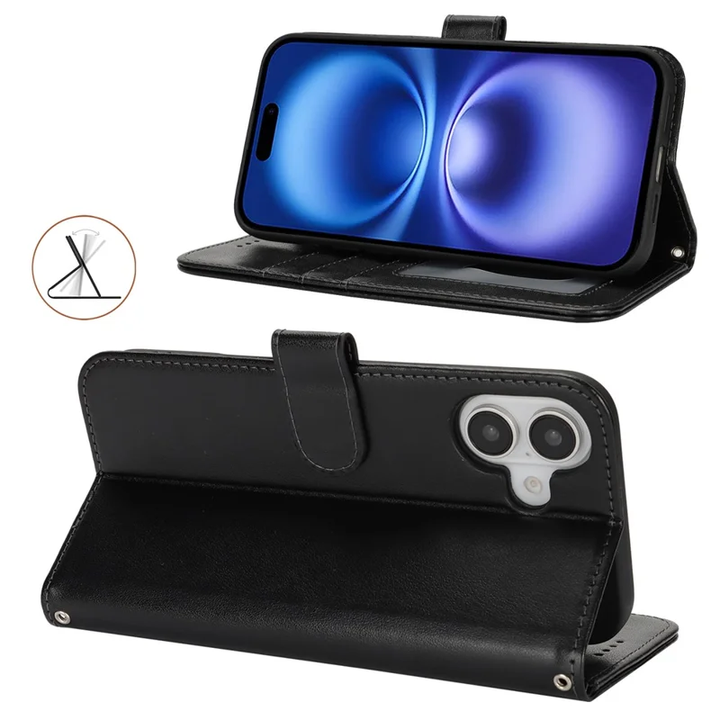 For iPhone 16 Stand Case Textured Leather Wallet Phone Cover with Strap - Black