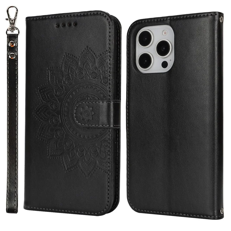 For iPhone 16 Pro Stand Case Textured Leather Wallet Phone Cover with Strap - Black