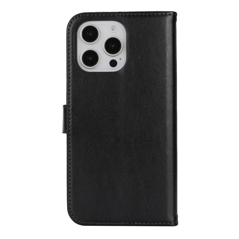 For iPhone 16 Pro Stand Case Textured Leather Wallet Phone Cover with Strap - Black