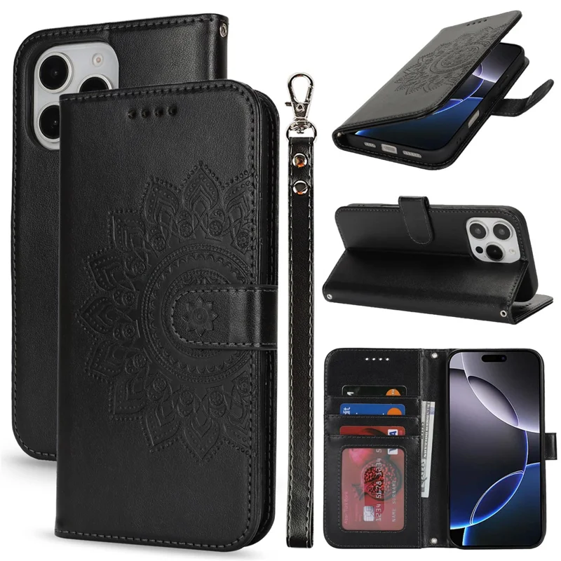 For iPhone 16 Pro Stand Case Textured Leather Wallet Phone Cover with Strap - Black