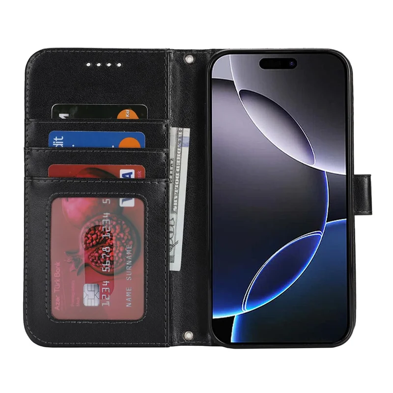 For iPhone 16 Pro Stand Case Textured Leather Wallet Phone Cover with Strap - Black