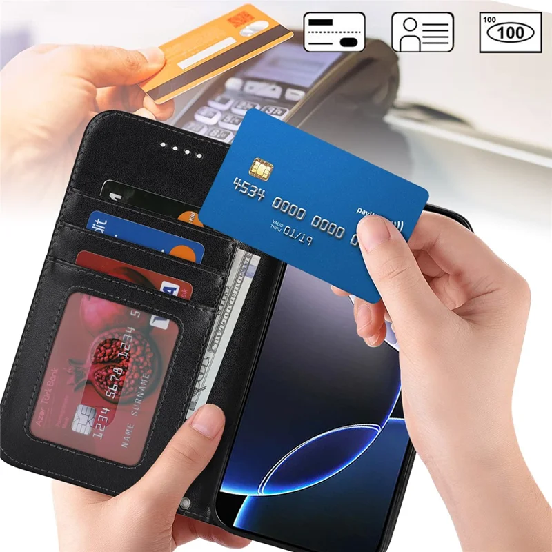 For iPhone 16 Pro Stand Case Textured Leather Wallet Phone Cover with Strap - Black