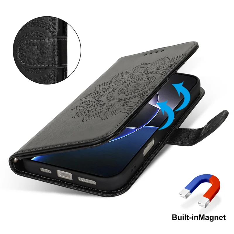 For iPhone 16 Pro Stand Case Textured Leather Wallet Phone Cover with Strap - Black