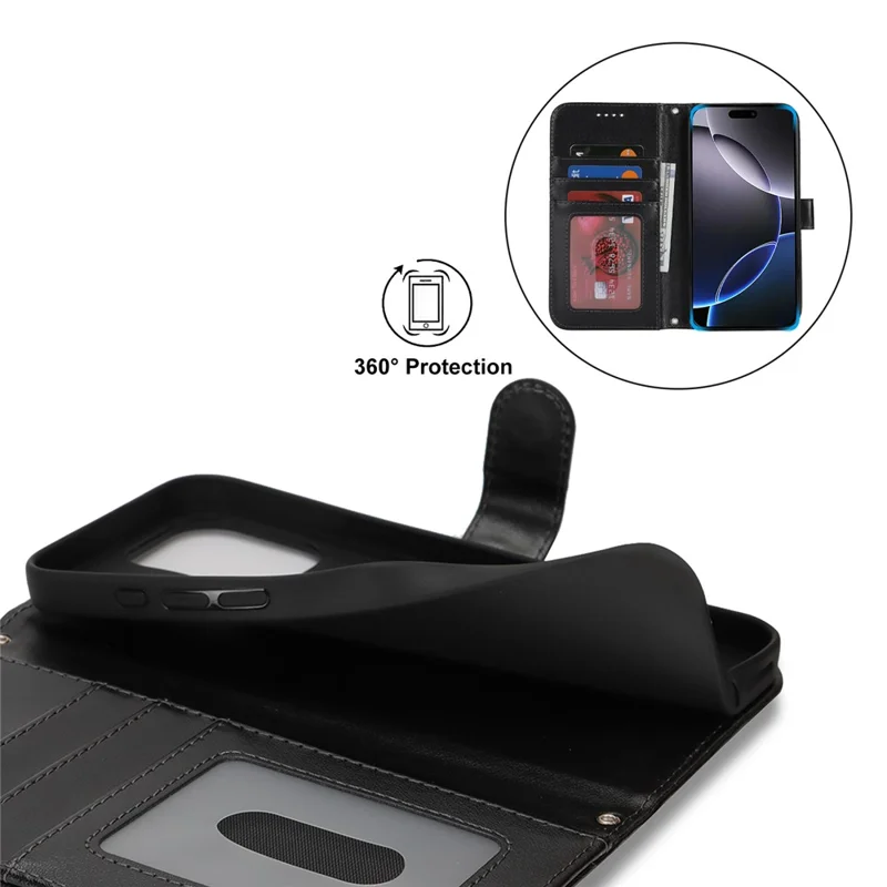 For iPhone 16 Pro Stand Case Textured Leather Wallet Phone Cover with Strap - Black