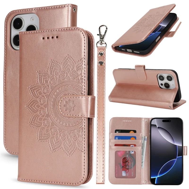 Étui support pour iPhone 16 Pro en cuir texturé avec portefeuille et dragonne - Or rose