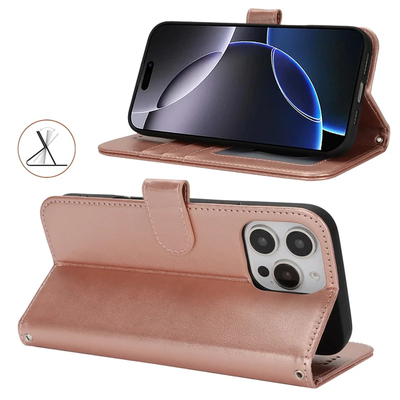 Étui support pour iPhone 16 Pro en cuir texturé avec portefeuille et dragonne - Or rose