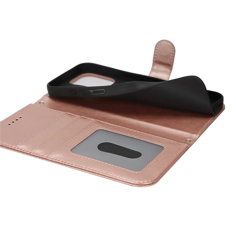 Étui support pour iPhone 16 Pro en cuir texturé avec portefeuille et dragonne - Or rose