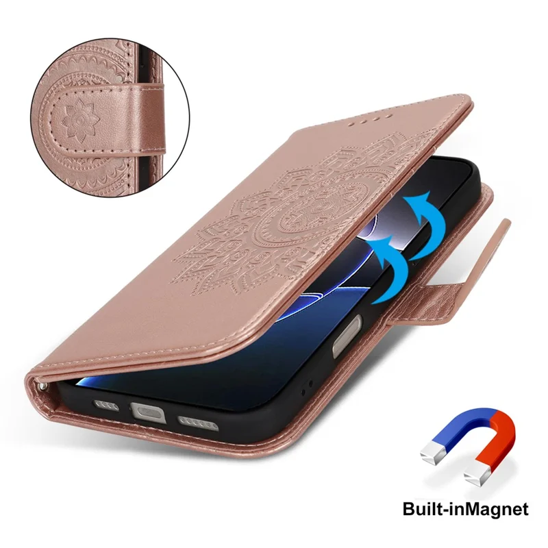 Étui support pour iPhone 16 Pro en cuir texturé avec portefeuille et dragonne - Or rose