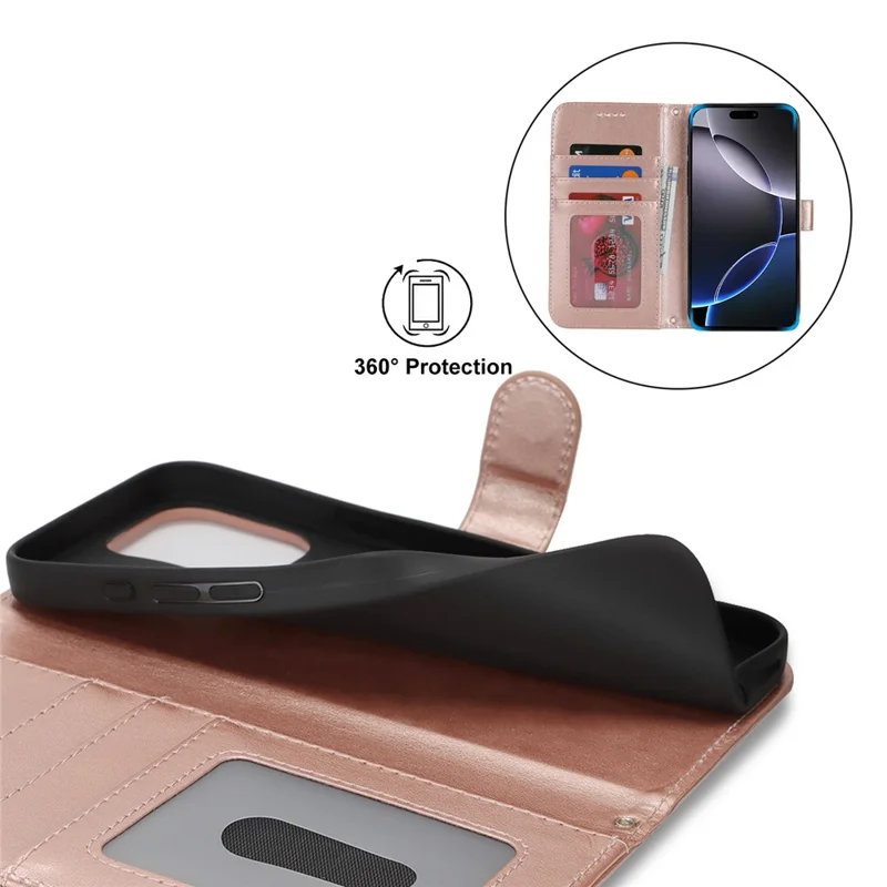 Étui support pour iPhone 16 Pro en cuir texturé avec portefeuille et dragonne - Or rose