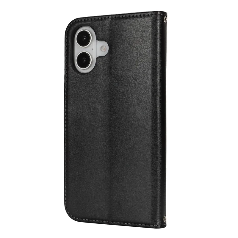 For iPhone 16 Plus Stand Case Textured Leather Wallet Phone Cover with Strap - Black