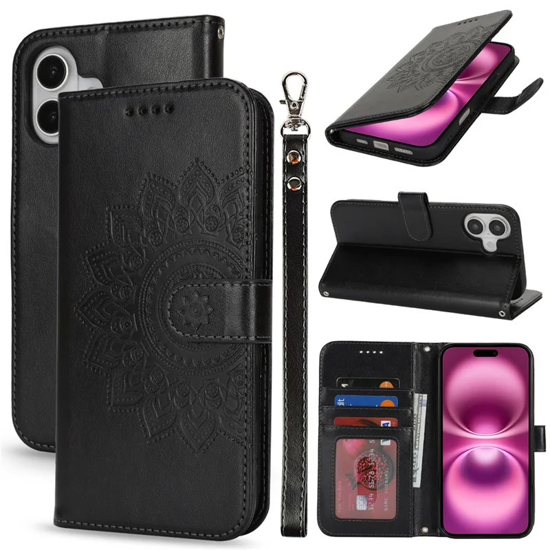 For iPhone 16 Plus Stand Case Textured Leather Wallet Phone Cover with Strap - Black