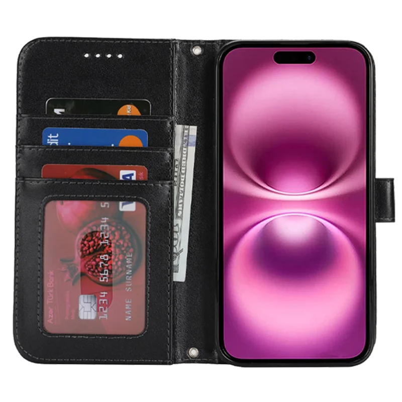 For iPhone 16 Plus Stand Case Textured Leather Wallet Phone Cover with Strap - Black