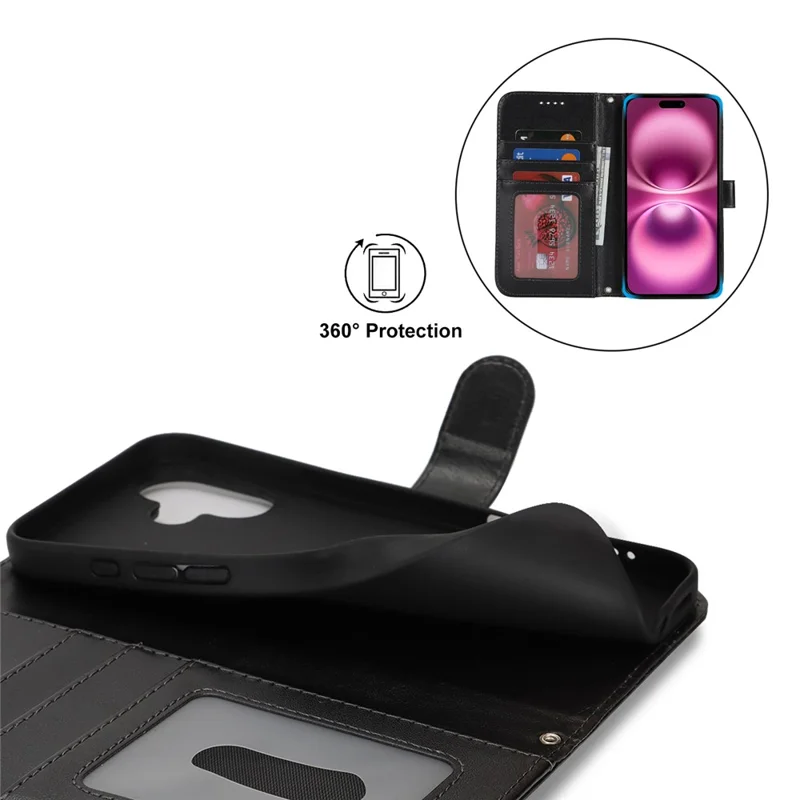 For iPhone 16 Plus Stand Case Textured Leather Wallet Phone Cover with Strap - Black