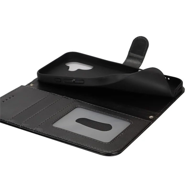 For iPhone 16 Plus Stand Case Textured Leather Wallet Phone Cover with Strap - Black