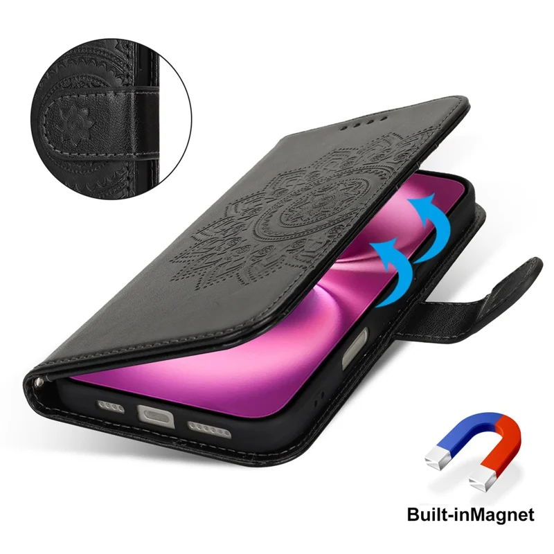 For iPhone 16 Plus Stand Case Textured Leather Wallet Phone Cover with Strap - Black
