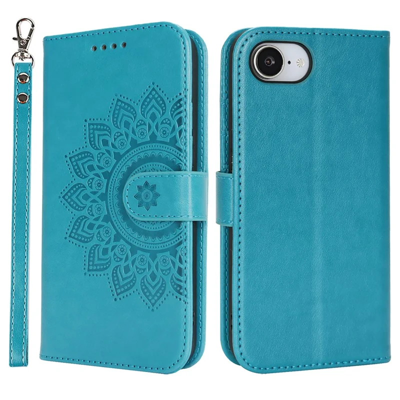 For iPhone 17e / 16e Case Textured Leather Wallet Phone Cover with Strap - Blue