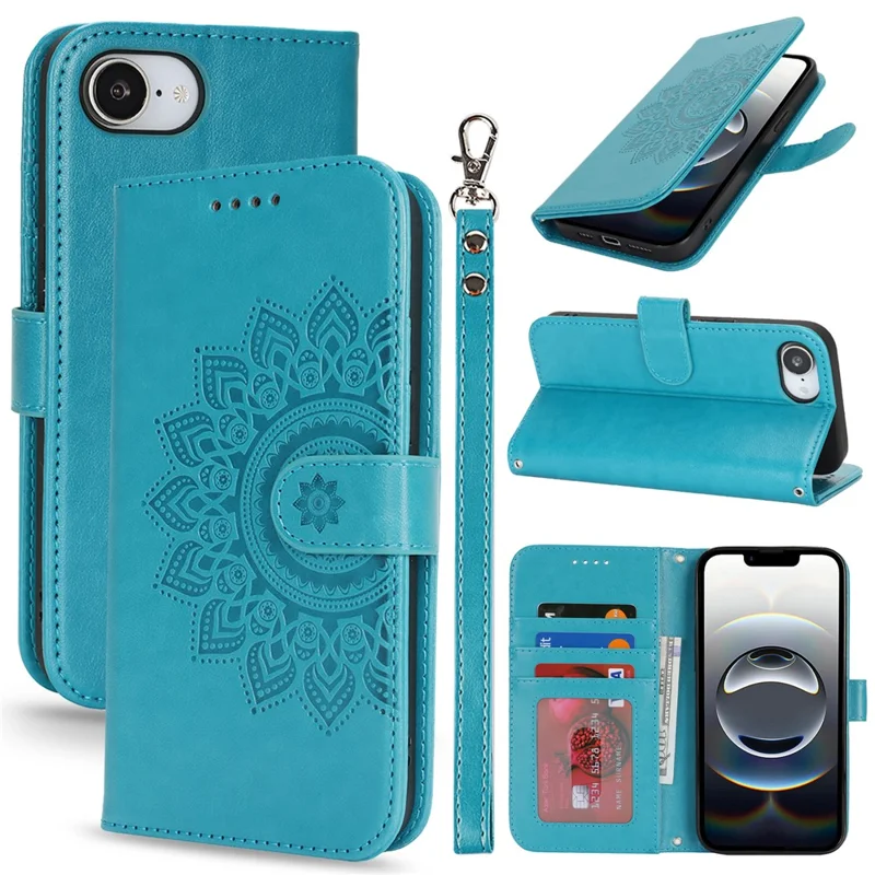 For iPhone 17e / 16e Case Textured Leather Wallet Phone Cover with Strap - Blue