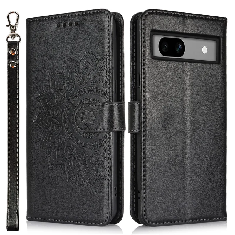 For Google Pixel 7a Case Textured Leather Wallet Phone Cover with Strap - Black