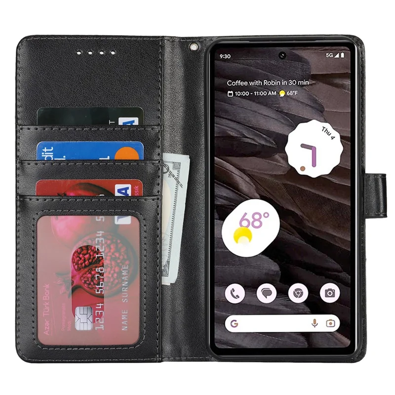 For Google Pixel 7a Case Textured Leather Wallet Phone Cover with Strap - Black