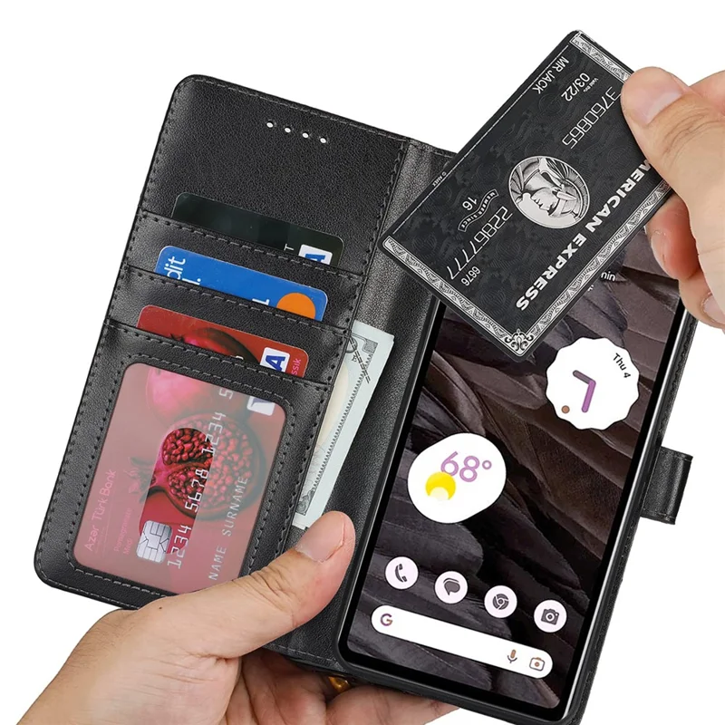 For Google Pixel 7a Case Textured Leather Wallet Phone Cover with Strap - Black