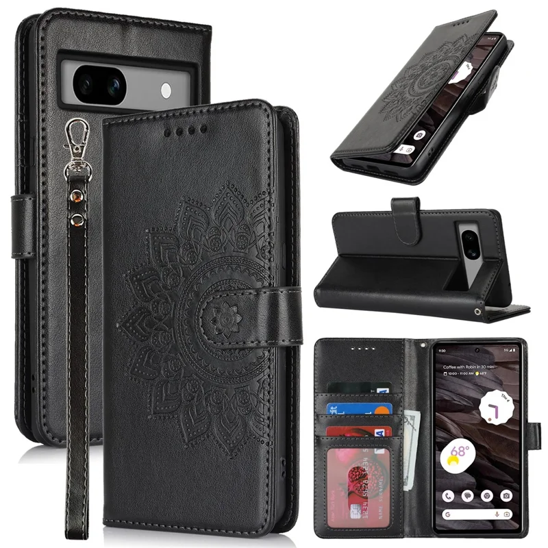 For Google Pixel 7a Case Textured Leather Wallet Phone Cover with Strap - Black