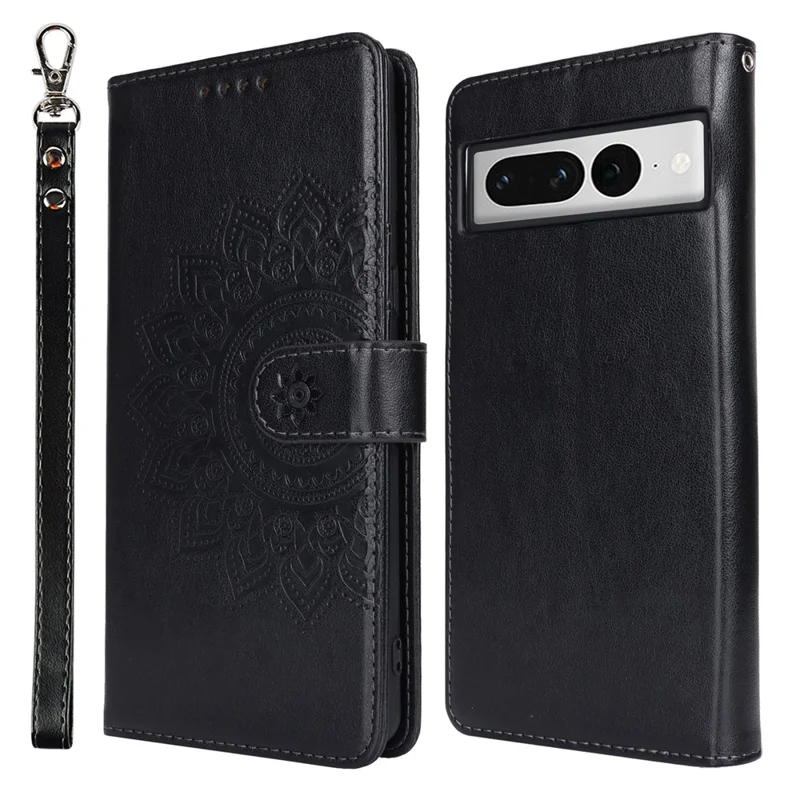 For Google Pixel 7 Pro 5G Case Textured Leather Wallet Phone Cover with Strap - Black