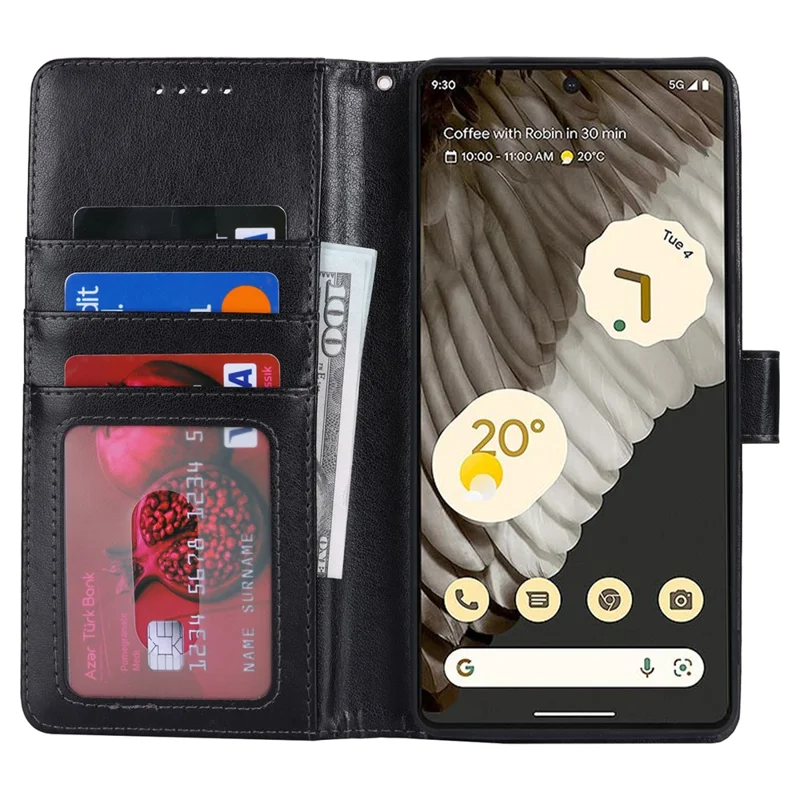 For Google Pixel 7 Pro 5G Case Textured Leather Wallet Phone Cover with Strap - Black